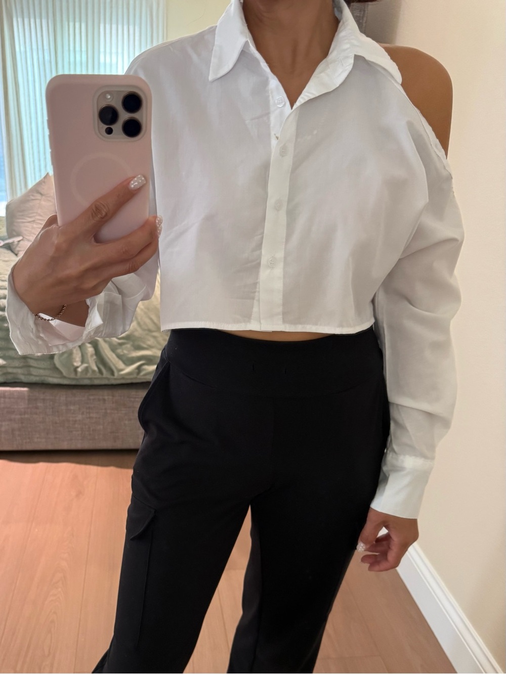 SHEIN White One-Shoulder Cropped Button-Down Shirt